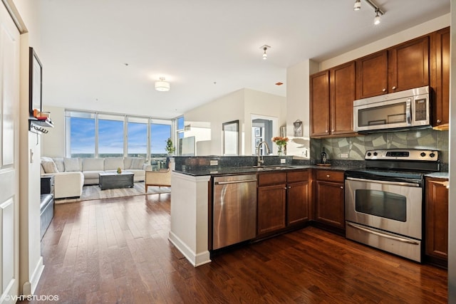 kitchen with dark wood-type flooring, a sink, tasteful backsplash, open floor plan, and appliances with stainless steel finishes