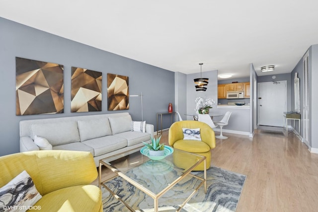 living room with baseboards and light wood-style floors