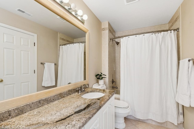 full bathroom with shower / tub combo, visible vents, toilet, tile patterned floors, and vanity