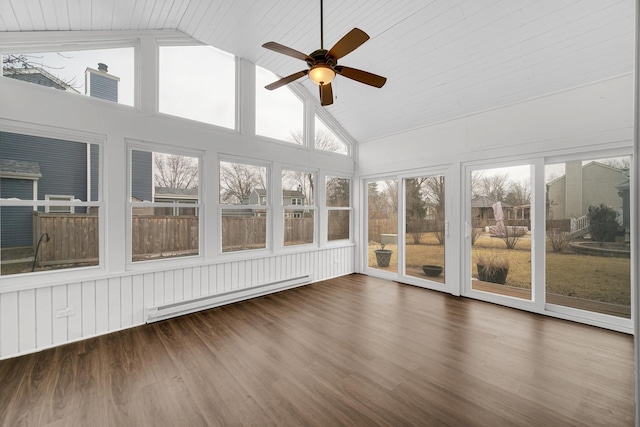 unfurnished sunroom with lofted ceiling, wooden ceiling, a baseboard radiator, and ceiling fan