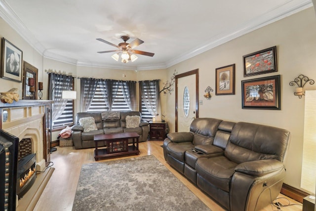 living room featuring ornamental molding, a fireplace with raised hearth, ceiling fan, and light wood-style flooring