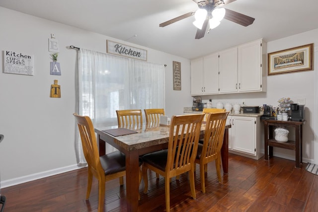 dining area featuring ceiling fan, dark wood finished floors, and baseboards