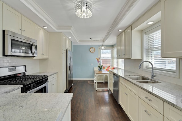 kitchen with a tray ceiling, appliances with stainless steel finishes, ornamental molding, a sink, and light stone countertops