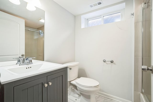 full bathroom with visible vents, toilet, marble finish floor, walk in shower, and vanity