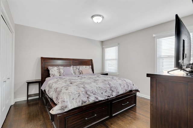 bedroom featuring baseboards, dark wood finished floors, and a closet