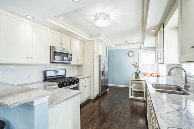 kitchen featuring a sink, white cabinetry, appliances with stainless steel finishes, and a tray ceiling