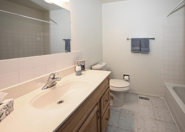 full bathroom featuring baseboards, visible vents, toilet, marble finish floor, and vanity