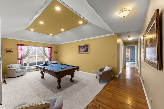 rec room featuring pool table, lofted ceiling, recessed lighting, and baseboards