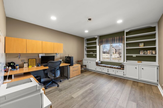 office featuring recessed lighting and light wood-style flooring