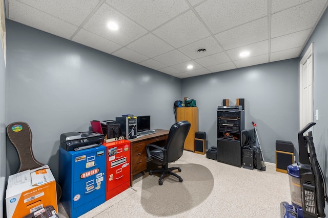 home office featuring a drop ceiling, visible vents, and recessed lighting