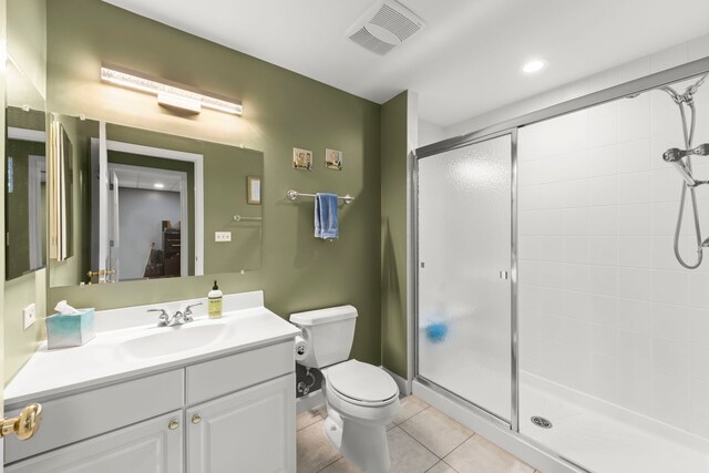 full bath with vanity, visible vents, a stall shower, tile patterned floors, and toilet