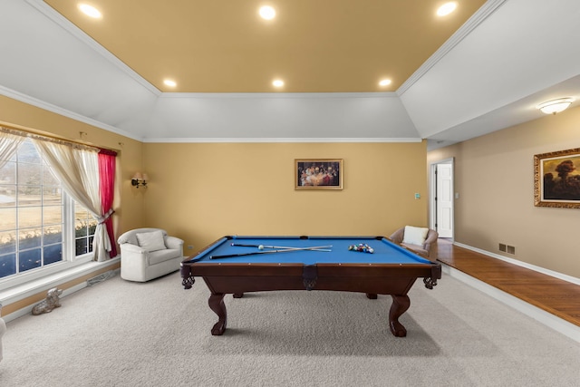 playroom with visible vents, carpet floors, lofted ceiling, recessed lighting, and ornamental molding