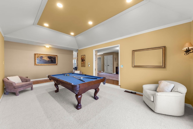 recreation room featuring carpet floors, ornamental molding, pool table, and vaulted ceiling