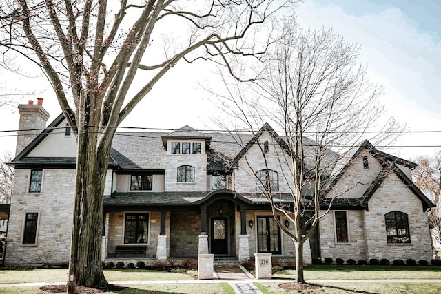 view of front of house with stone siding, a chimney, and a front yard