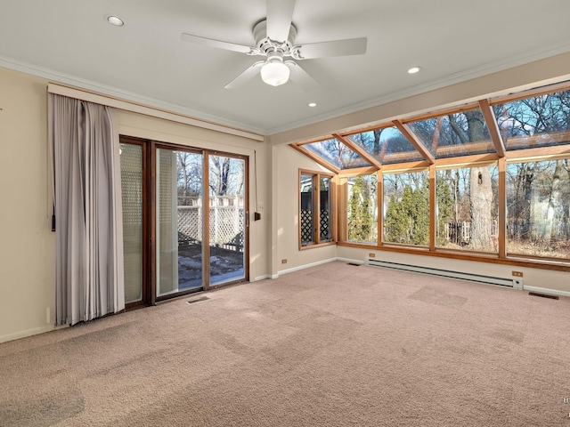 unfurnished room with a baseboard radiator, visible vents, ornamental molding, and carpet flooring