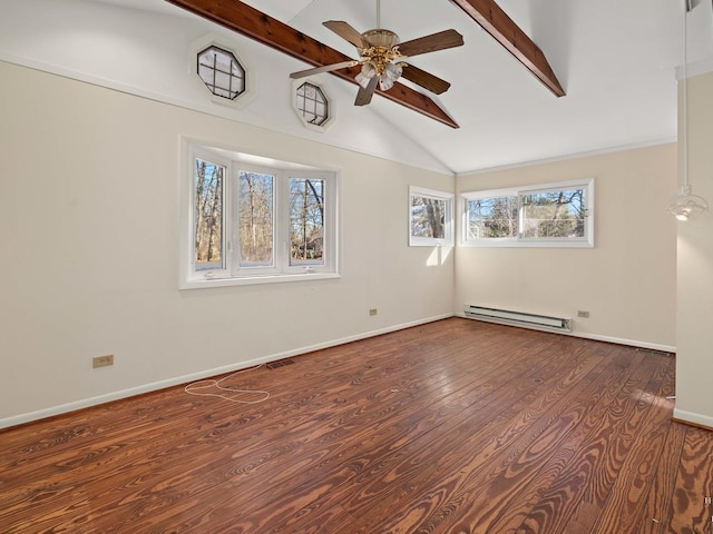 empty room with vaulted ceiling with beams, dark wood-style floors, baseboards, and a baseboard heating unit