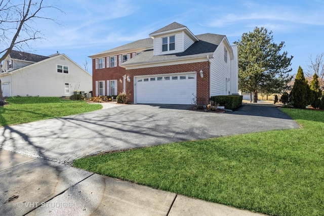 view of front of house featuring driveway, roof with shingles, an attached garage, a front lawn, and brick siding