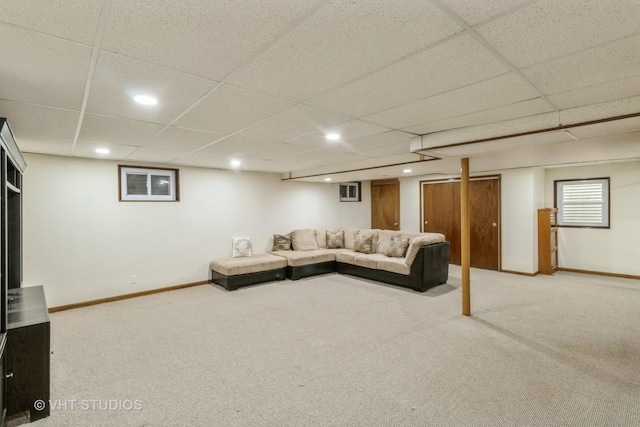 living area with carpet floors, recessed lighting, and baseboards