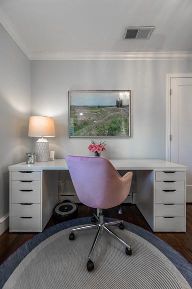 office featuring ornamental molding, dark wood-style flooring, and visible vents