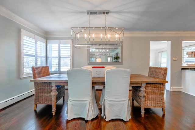 dining area featuring dark wood-style flooring, baseboard heating, visible vents, and crown molding