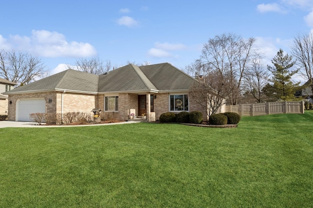 ranch-style house with a garage, a front yard, brick siding, and fence