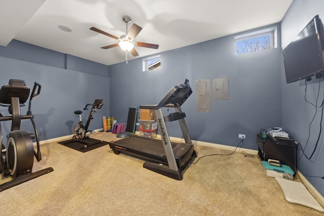 workout room with a ceiling fan, electric panel, baseboards, and carpet flooring