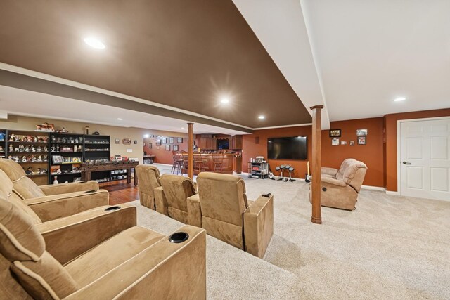 home theater room featuring carpet, baseboards, and recessed lighting