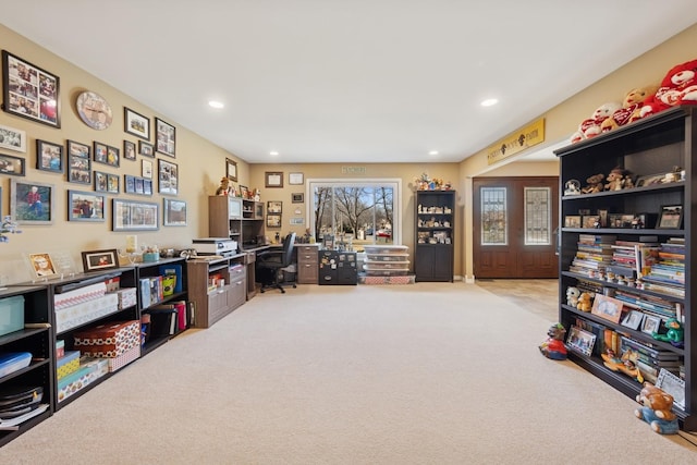 carpeted office space featuring recessed lighting