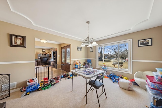 game room featuring carpet floors, french doors, and baseboards