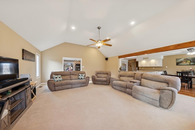 living area featuring carpet, ceiling fan, vaulted ceiling, and recessed lighting