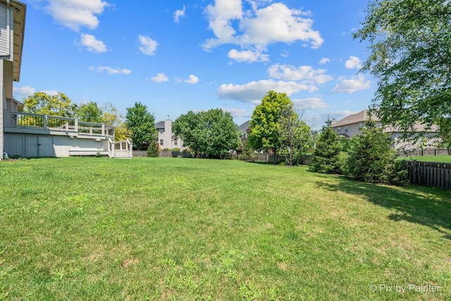 view of yard with a fenced backyard and a wooden deck