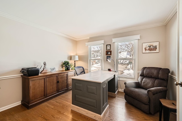 office area featuring ornamental molding, light wood finished floors, and baseboards