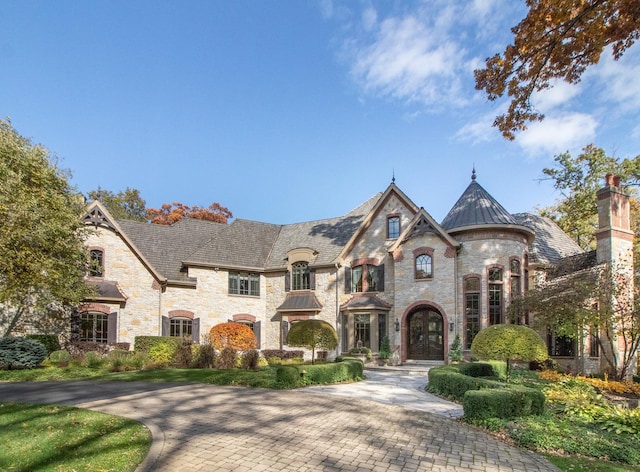 french country inspired facade featuring metal roof, a standing seam roof, and a chimney