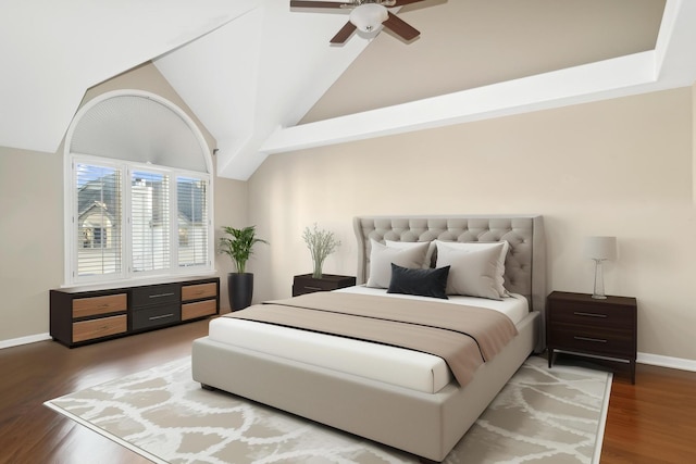 bedroom with baseboards, ceiling fan, high vaulted ceiling, and light wood-style floors