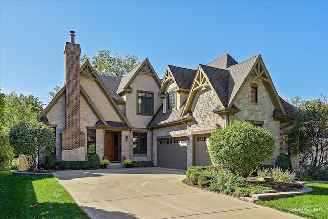 view of front of house featuring stucco siding, concrete driveway, a shingled roof, a garage, and a chimney