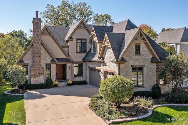 view of front of house with stucco siding, stone siding, concrete driveway, an attached garage, and a chimney