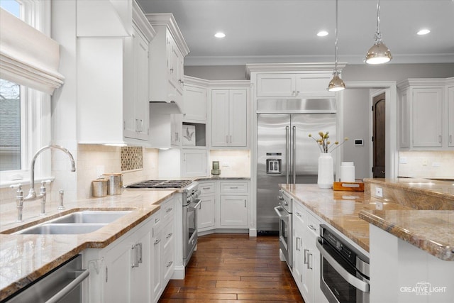 kitchen featuring dark wood-style floors, a sink, white cabinets, high quality appliances, and a wealth of natural light