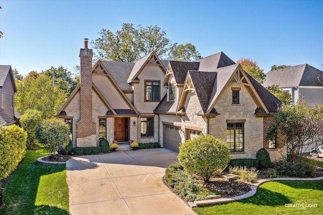 view of front of house featuring stucco siding, stone siding, roof with shingles, concrete driveway, and a chimney