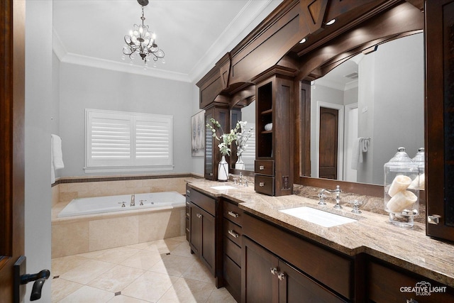 bathroom featuring tile patterned flooring, ornamental molding, double vanity, a bath, and a sink