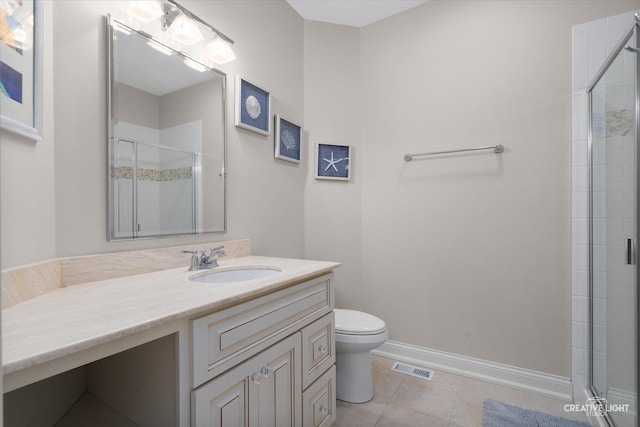 full bathroom featuring vanity, visible vents, a shower stall, tile patterned floors, and toilet