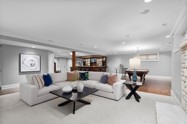 living area featuring visible vents, ornamental molding, wood finished floors, recessed lighting, and pool table