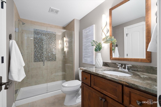 full bath featuring visible vents, a stall shower, toilet, and vanity