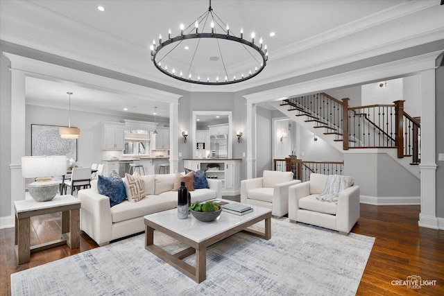 living area with stairs, baseboards, dark wood-style flooring, and ornamental molding