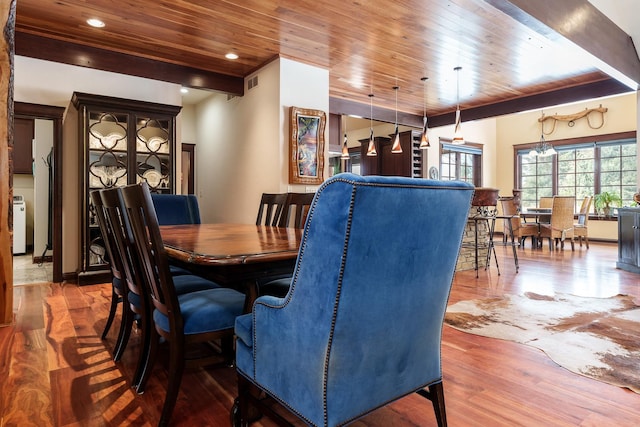 dining area with recessed lighting, wooden ceiling, beamed ceiling, and wood finished floors