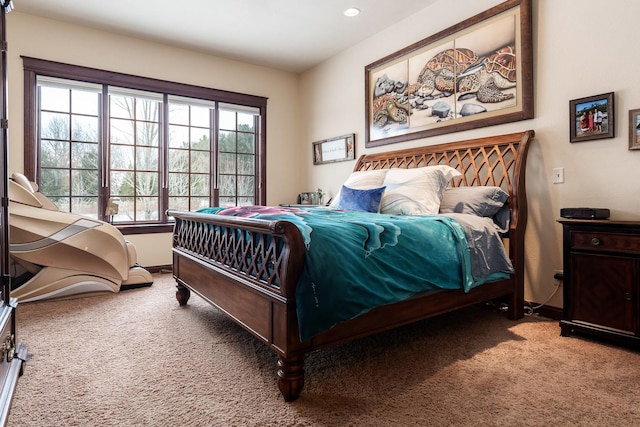 carpeted bedroom with baseboards and recessed lighting