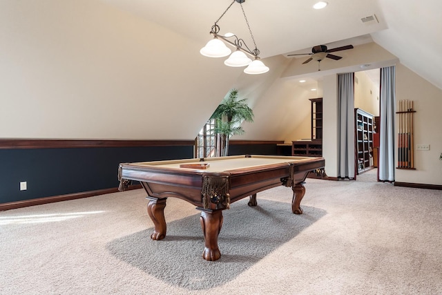 game room with lofted ceiling, baseboards, visible vents, and carpet flooring