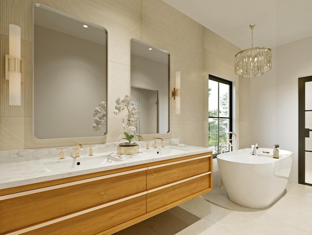 bathroom featuring double vanity, a freestanding bath, a sink, and tile patterned floors