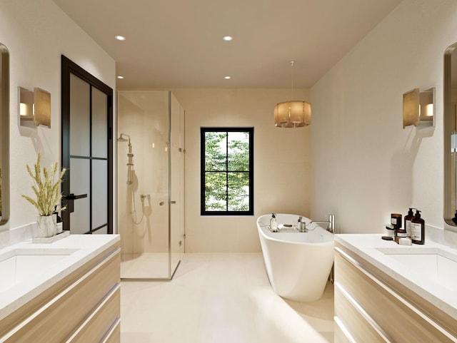103 S Webster St, Naperville, IL 60540 - bathroom with a shower stall, two vanities, a soaking tub, recessed lighting, and tile patterned floors
