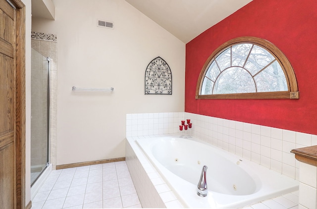 full bathroom with a stall shower, visible vents, tile patterned floors, a whirlpool tub, and vaulted ceiling