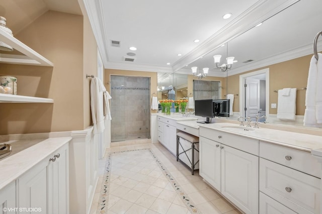 bathroom featuring recessed lighting, visible vents, a sink, and ornamental molding